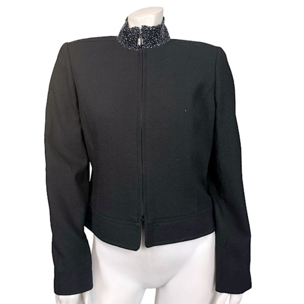 VINTAGE 90’s Y2K Minimalist Black Wool Beaded High Collar Zip Up Jacket